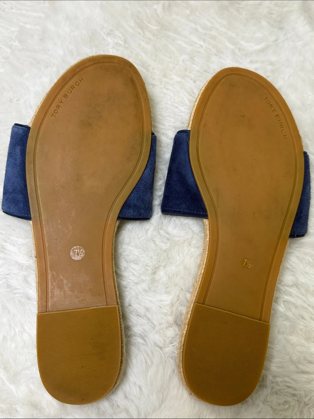 Tory Burch Benton Kid Suede Open Toe Espadrille Slide Navy 7.5 Embossed Logo